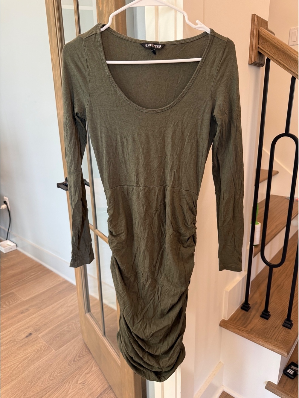 Express Olive Green Long Sleeve Ruched Bodycon Dress Size S